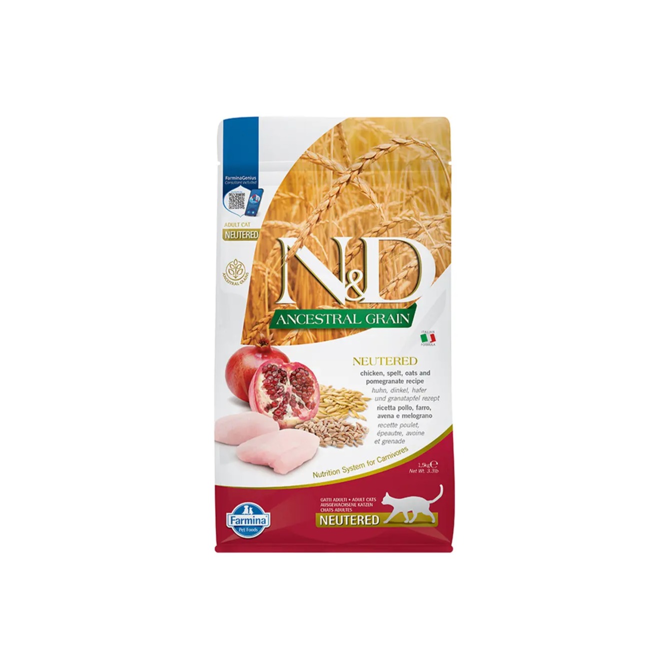 Granuly N&D cat AG adult, neutered, chicken, spelt, oats & pomegranate 1,5 kg