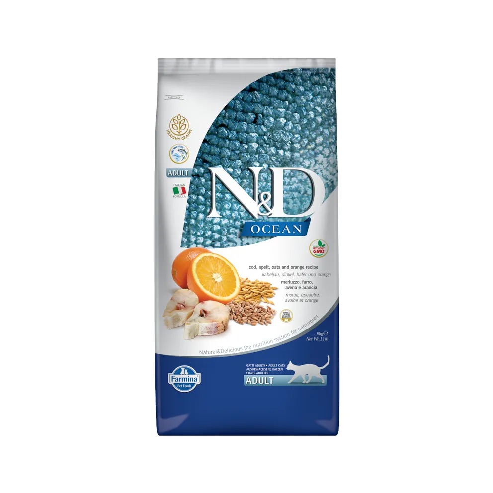 Granuly Farmina N&D cat OCEAN (AG) adult, codfish, spelt, oats & orange 5 kg