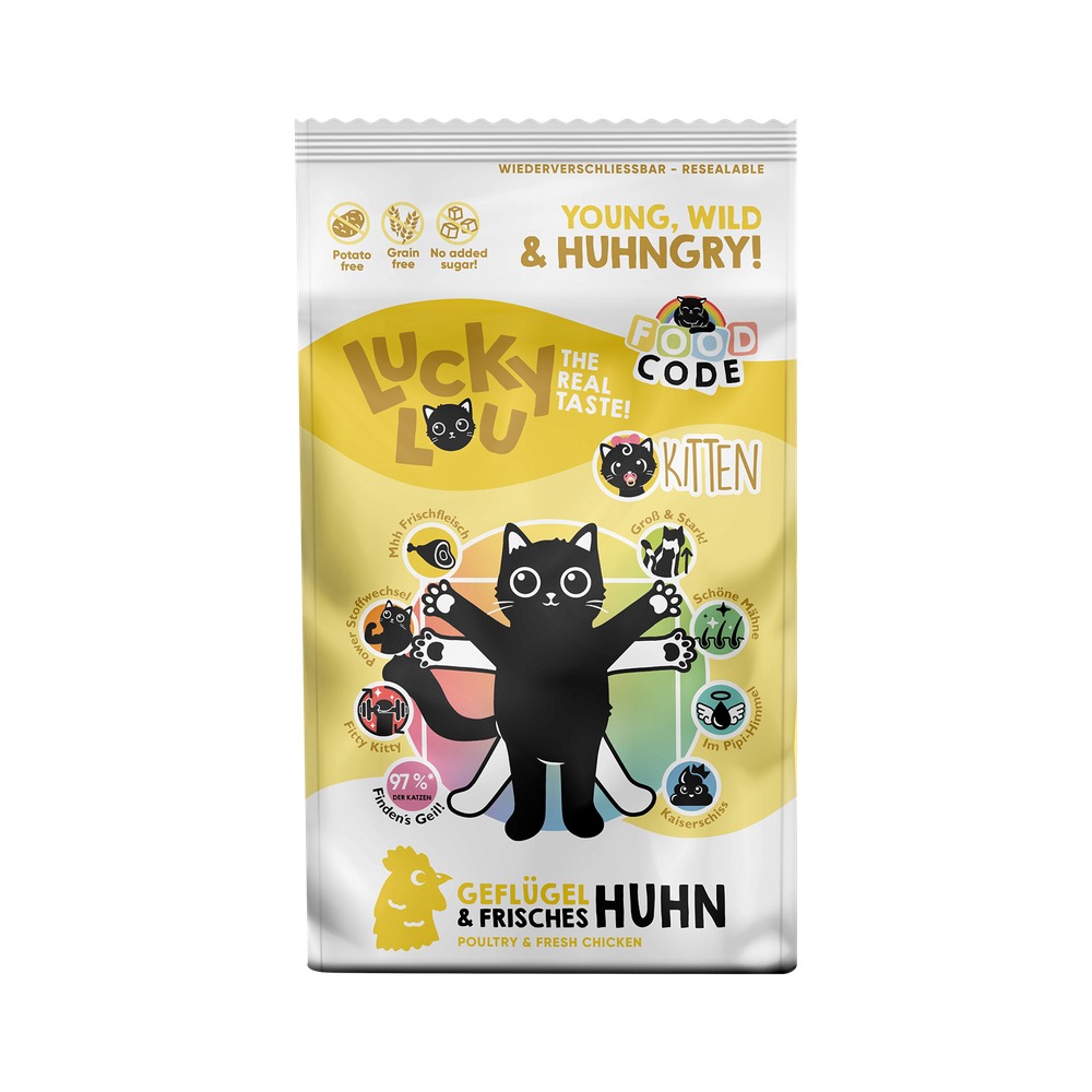Granuly - LUCKY LOU Food Code pre mačiatka Kitten – Hydina a Kura - 1,7kg