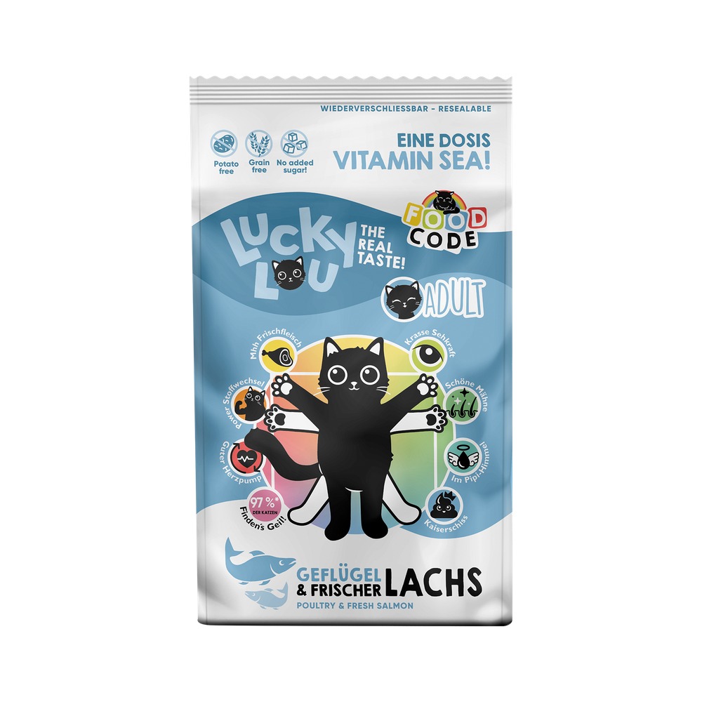Granuly - LUCKY LOU Food Code pre mačky Adult – Hydina a Losos - 1,7kg
