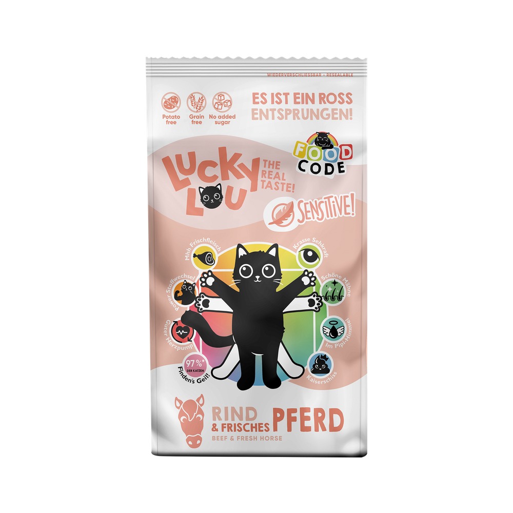 Granuly - LUCKY LOU Food Code pre mačky Adult SENSITIVE – Hovädzie a Kôň - 340g