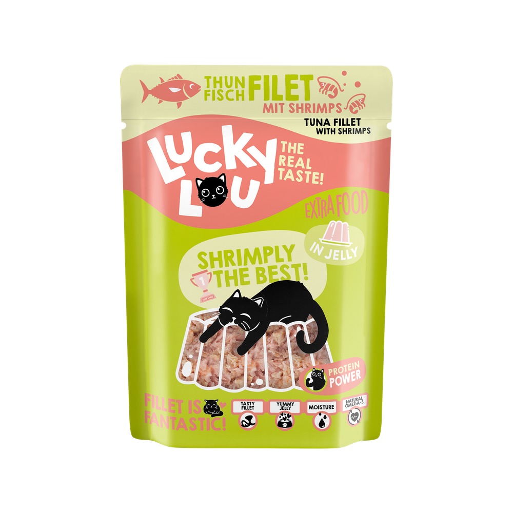 LUCKY LOU Extrafood pre Mačky Adult – Filet z tuniaka a krevety v želé - 70g