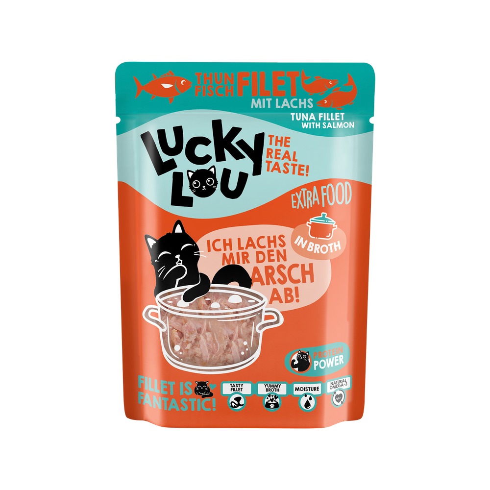 LUCKY LOU Extrafood pre Mačky Adult – Filet z tuniaka s lososom vo vývare 70g