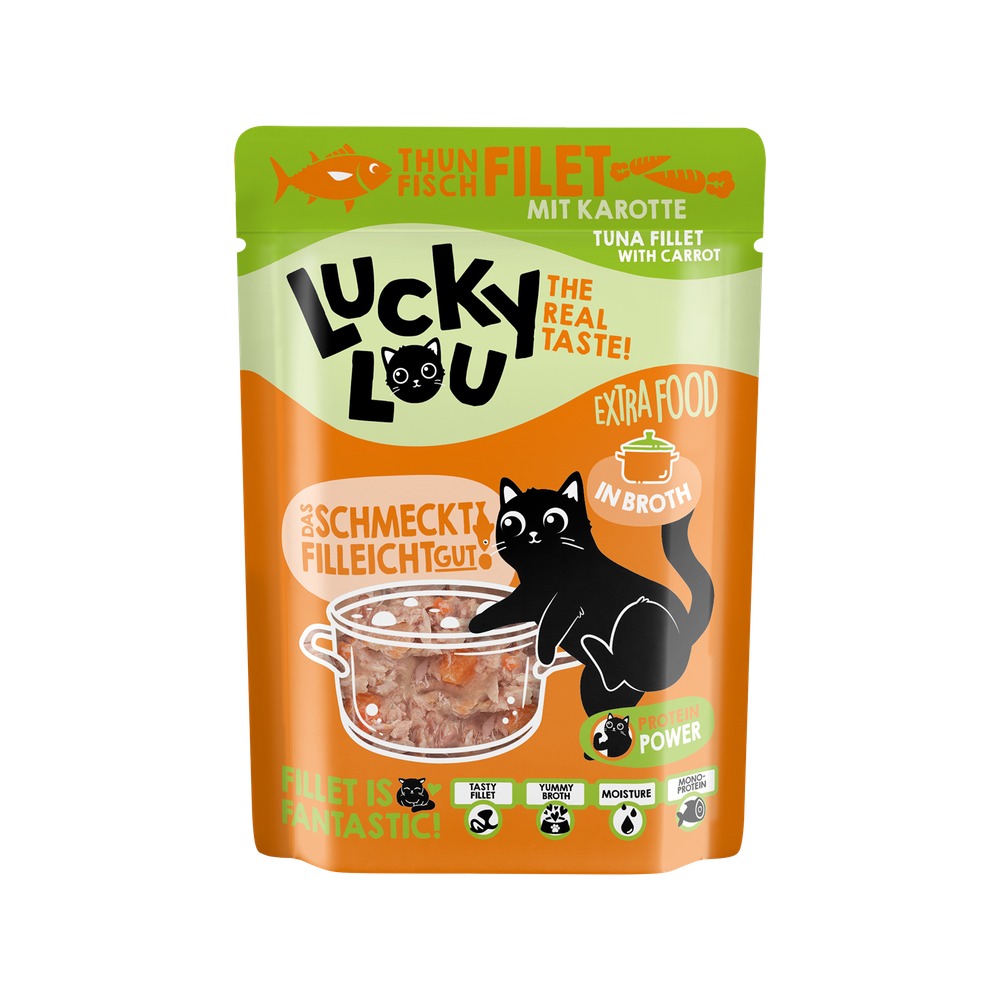 LUCKY LOU Extrafood pre Mačky Adult – Filet z tuniaka s mrkvou vo vývare 70g