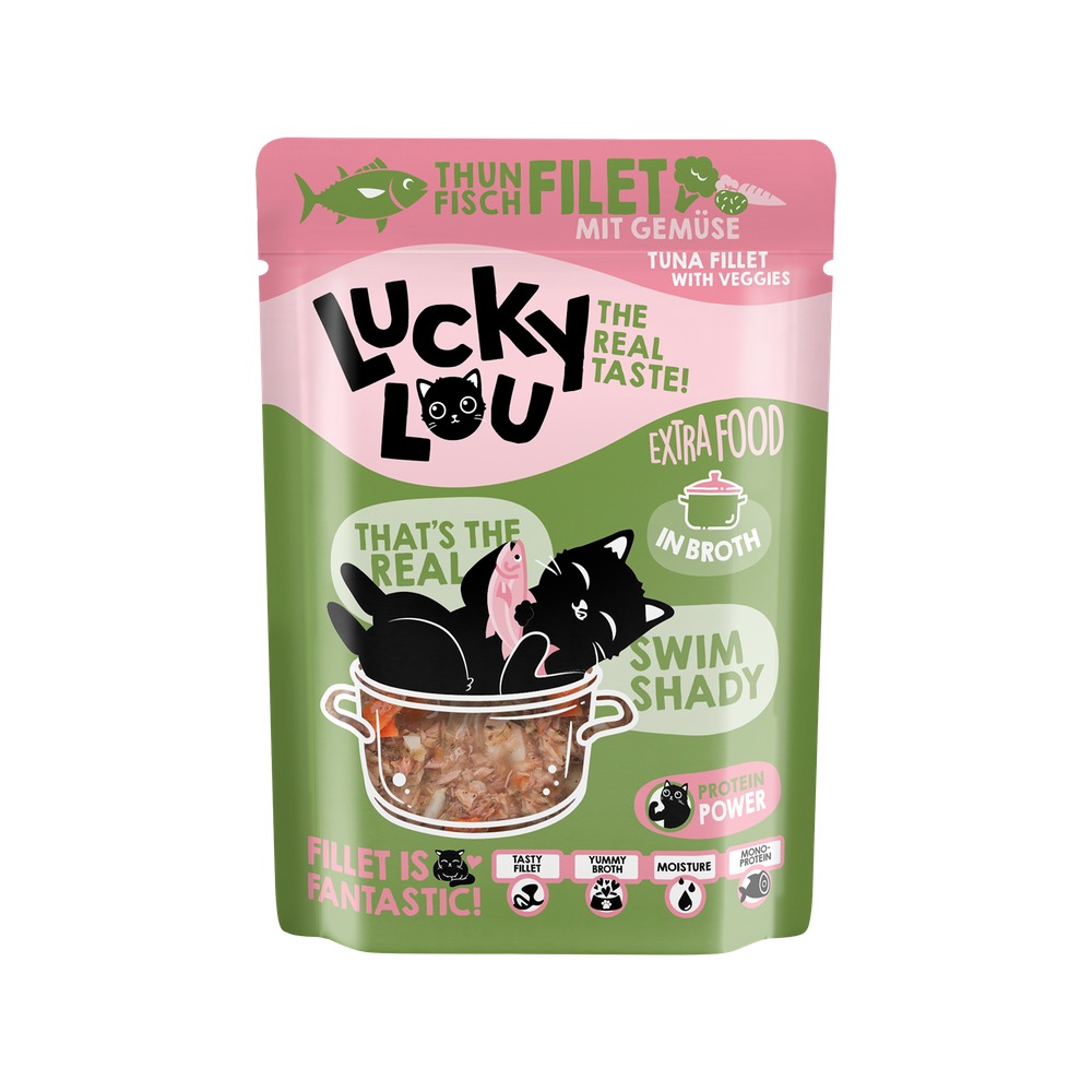 LUCKY LOU Extrafood pre Mačky Adult – Filet z tuniaka so zeleninou vo vývare 70g