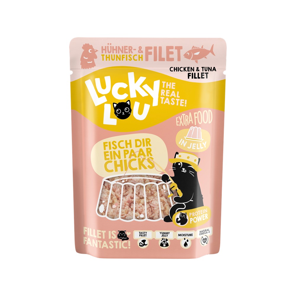 LUCKY LOU Extrafood pre Mačky Adult – Kurací a Tuniakový filet v želé 70g