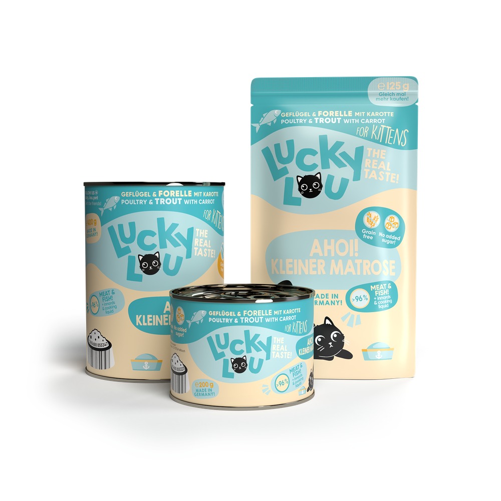 LUCKY LOU Lifestage pre Mačiatka Kitten – Hydina a Pstruh 4 x 125g
