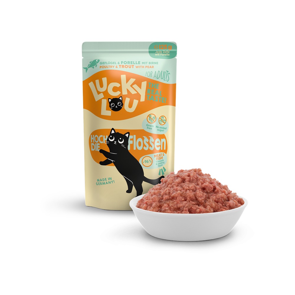LUCKY LOU Lifestage pre Mačky Adult – Hydina a Pstruh 125g