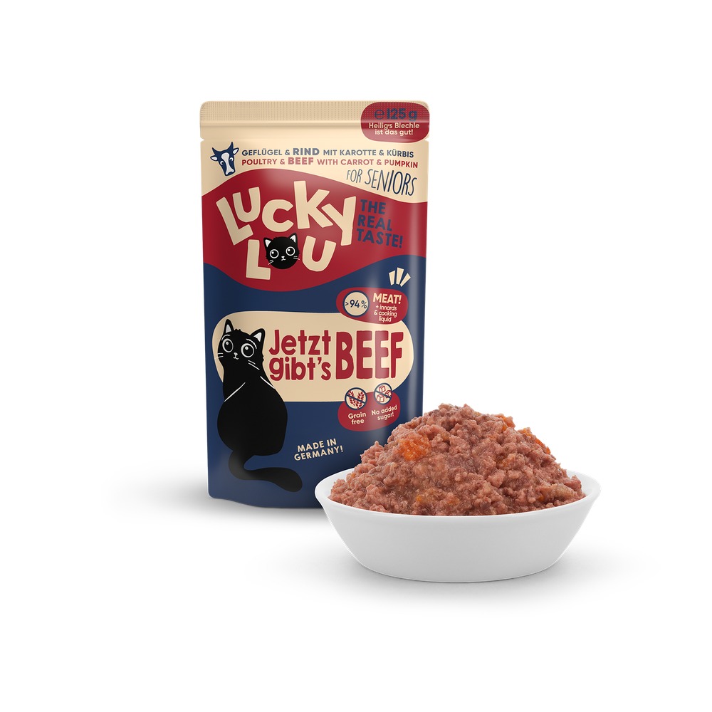 LUCKY LOU Lifestage pre Mačky Senior – Hydina a Hovädzie 125g