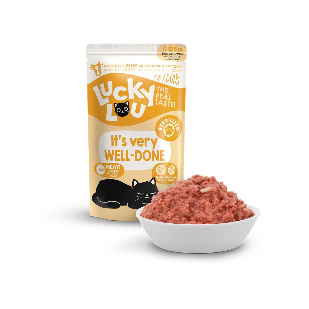 LUCKY LOU Lifestage pre Mačky Sterilized – Hydina a Hovädzie 125g